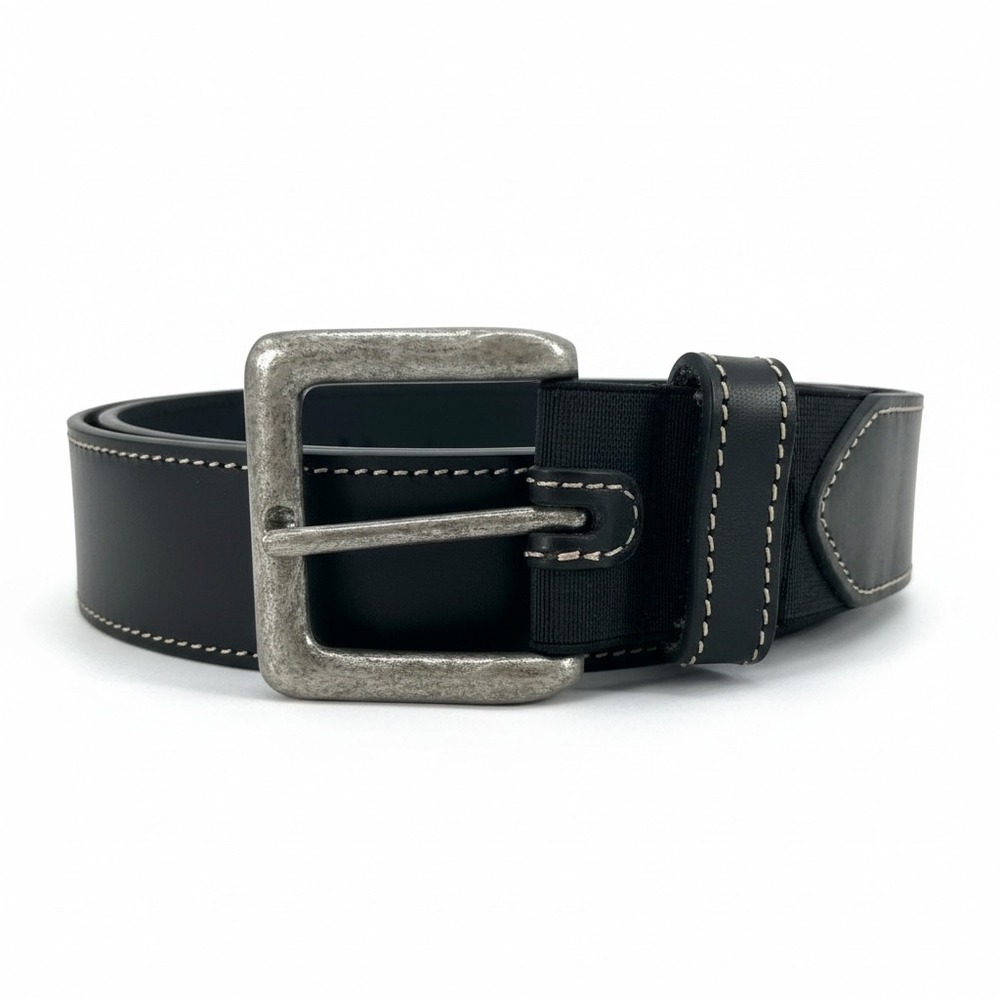 Joes Jeans Mens Belt Size 40 Black Leather Stretch Contrast Stitch Silver Buckle